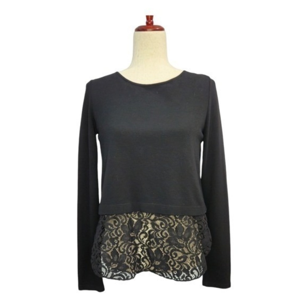 Theory Jersey‎ Crop Top Black Lace Layered Long Sleeve Witchy Whimsigoth